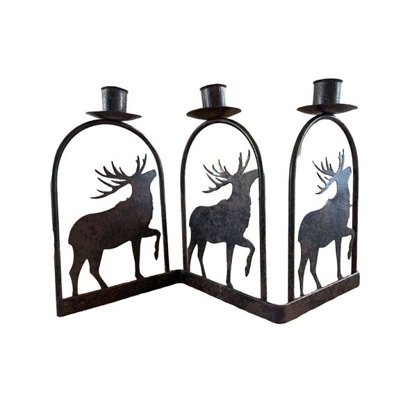Metal 3 Taper Candle Holder Elk Zig Zag Design Candelabra, Outdoor, Rustic Decor - Picture 1 of 7